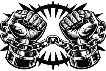 Fists Breaking Chains Symbolizing Freedom and Liberation in Black and White