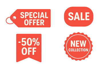 Red price tags collection. Special offer, 50% off discount, and new collection badges. Modern promotional sale labels, stickers, and ribbons for retail marketing.