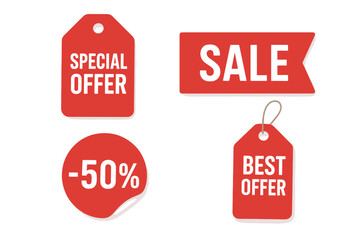 Red price tags collection. Special offer and shopping discount label. Sticker, ribbon and tags. Modern promotional sale badges set for retail product marketing.