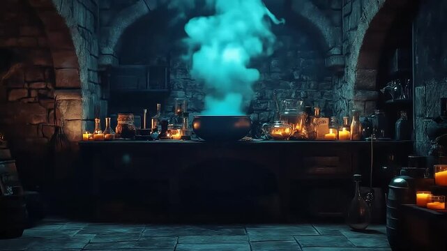 Mysterious potion brewing in a dimly lit medieval alchemy lab