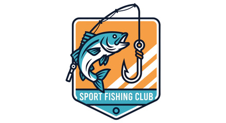 Leaping blue and white fish caught on a fishing hook sport fishing club logo.