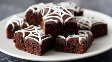 Perfectly Crafted Brownie Pieces with Spiderweb Piping on a Plate for Dessert Delight