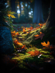 Golden Light on Mossy Forest Floor in Autumn