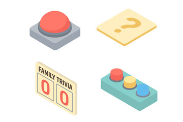 Family trivia game icon set isometric vector illustration. Game show kit with quiz buzzer, question card, scoreboard, and team buttons for a fun competition concept.