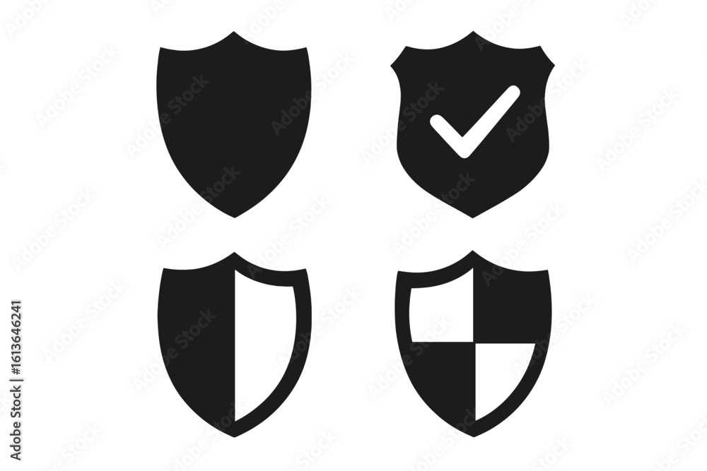 Poster set of security shield icons for safety and protection concepts. vector collection includes checkmar