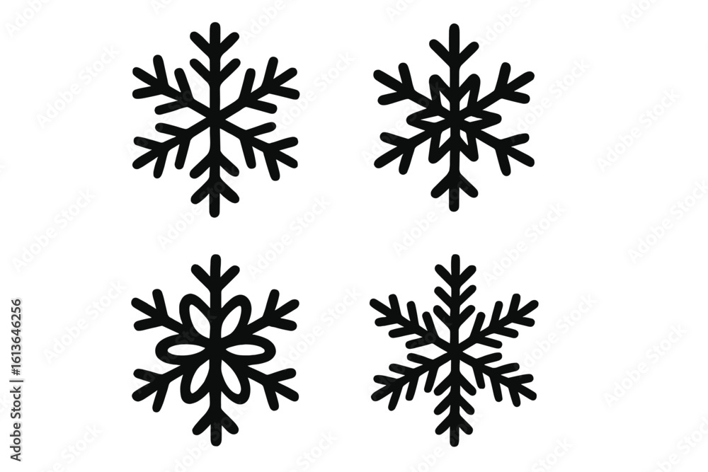 Poster set of 4 snowflake icons. snowflake winter collection. black snowflakes. different snowflake templat