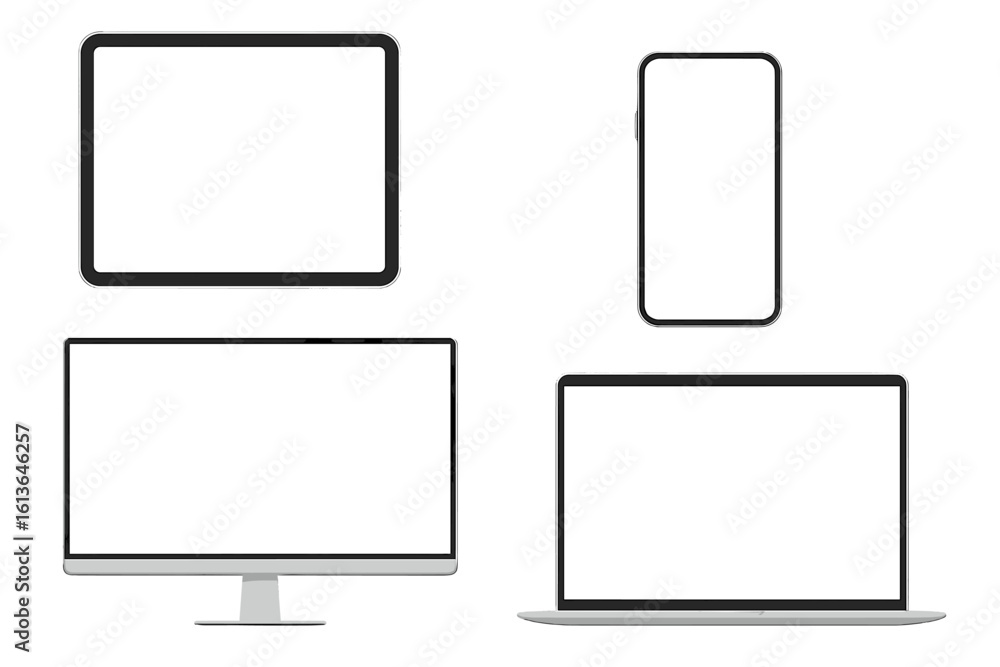 Aufkleber set of realistic device mockups. laptop, desktop computer, tablet, and phone with empty white screen