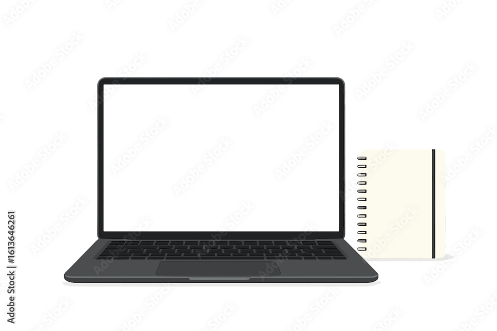 Poster laptop and notebook mockup, front view. modern computer with blank white screen for copy space. tech