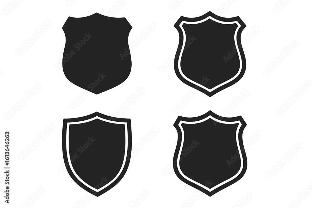 Poster set of 4 security shield icons for safety and protection concepts. black police badge shapes. secure