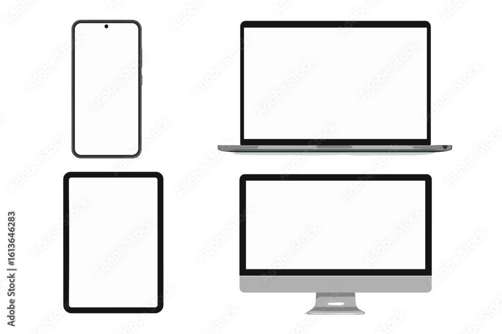 Aufkleber device mockup set. realistic vector of smartphone, laptop, tablet, computer monitor with blank scree