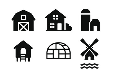 Fototapeta premium Farm building icon set. Solid glyph pictograms of rural agriculture. Vector collection with barn, farmhouse, silo, chicken coop, greenhouse, and windmill for farming concepts.