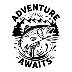 Adventure awaits fishing design with jumping fish surrounded by mountains, trees, and sun. Retro style vector illustration for t-shirt print