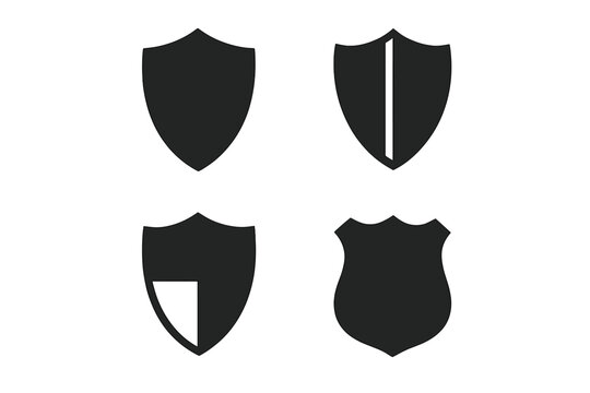 Vector security shield icon set. Black police badge and guard emblem collection. Graphic design elements for safety, protection, cyber defense, privacy, and secure data.