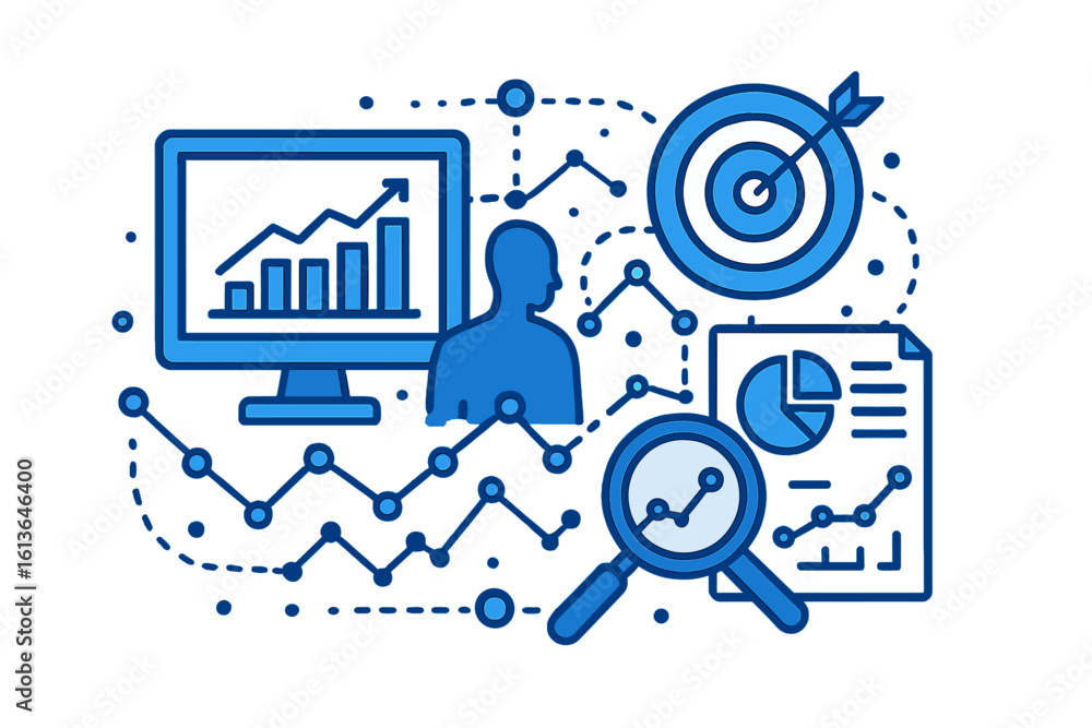 Poster data analysis and business intelligence concept. marketing research, statistics, and performance met