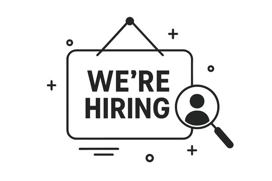 We're hiring sign concept. Open vacancy announcement. Business recruiting and human resources. Search for employee candidate with magnifying glass. Career opportunity vector icon.