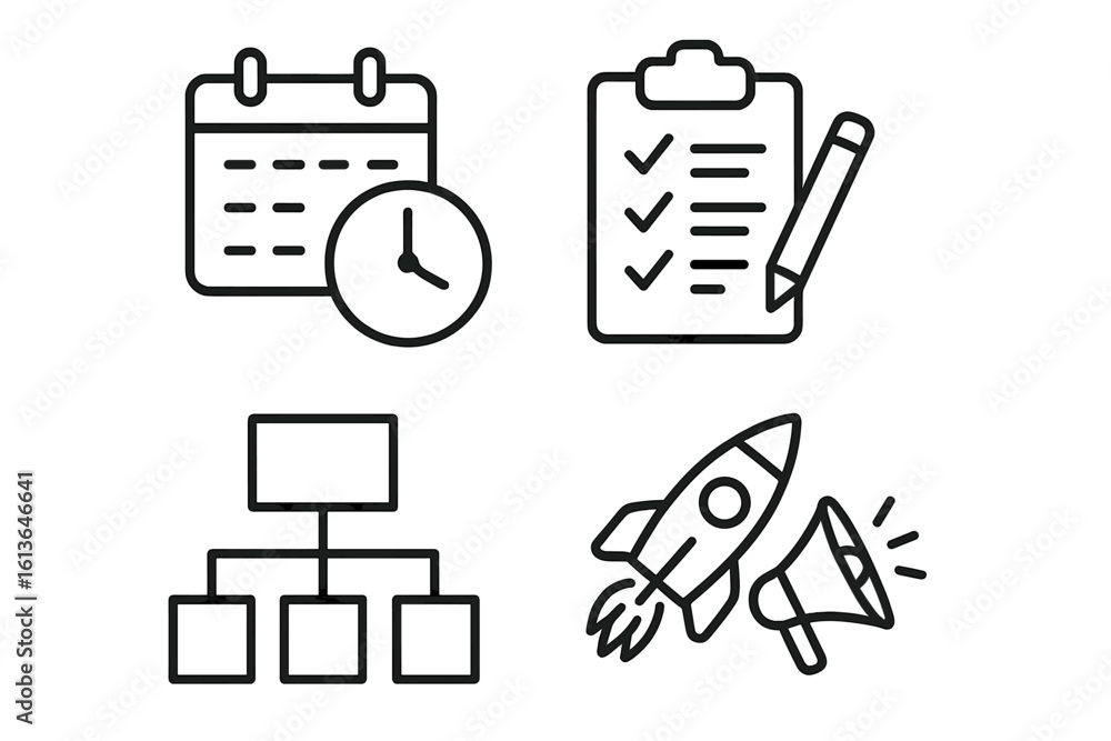 Poster project management line icon set. time management calendar and clock. planning with checklist on cli