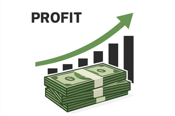 Profit money graph with a rising arrow up. Concept of business success, economic market growth, benefit investment revenue, and capital increase. Financial performance chart.