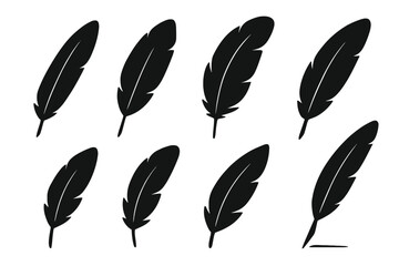 Black feather vector icon set isolated on white. Simple bird plumelet silhouette collection. Quill for writing symbol. Boho, tribal, native american decorative graphic element.