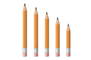 Realistic wood pencils vector set in various lengths. Graphite pencil with eraser icon for school, office, education, and art supply. Stationery for drawing and writing.