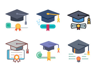 Collection of Six Different Graduation Cap and Diploma Icon Illustrations