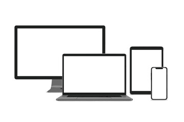 Realistic device mockup set with monitor, laptop, tablet, and smartphone. Vector illustration with blank white screens for responsive web design, UI, or UX presentation.
