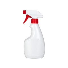 White plastic spray bottle with red trigger isolated on transparent background, perfect for cleaning products