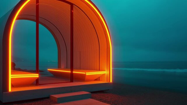 Glowing arch structure on beach at dusk