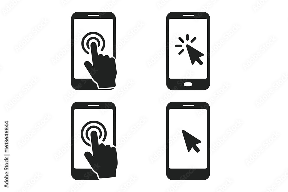 Poster smartphone touch screen icon set. hand tapping on mobile phone display. click cursor and finger poin