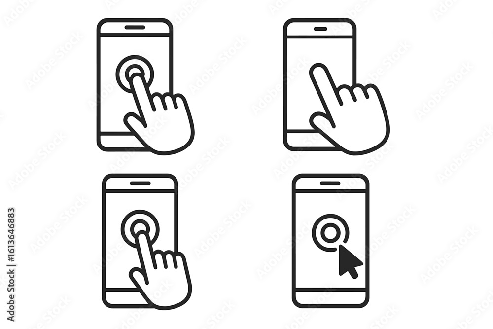 Poster set of smartphone touch screen icons. hand finger tapping and pressing button on display. mobile pho