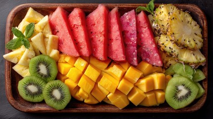 Vibrant fruit platter with watermelon, pineapple, mango, and kiwi