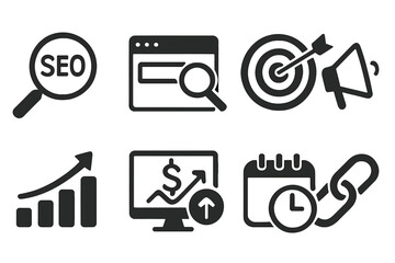 SEO and digital marketing line icon set. Web analytics, search engine optimization, target advertising, PPC, financial growth, link building vector pictogram collection.