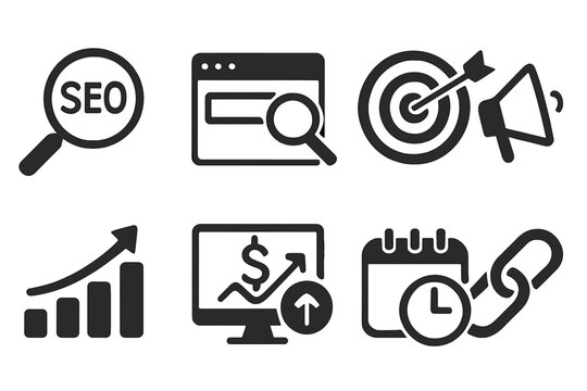 SEO and digital marketing line icon set. Web analytics, search engine optimization, target advertising, PPC, financial growth, link building vector pictogram collection.