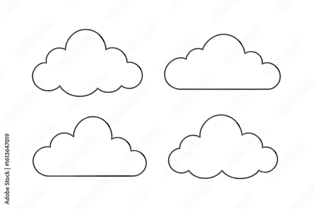 Poster set of 4 cloud line icons. simple weather outline symbol collection. cloud computing technology conc