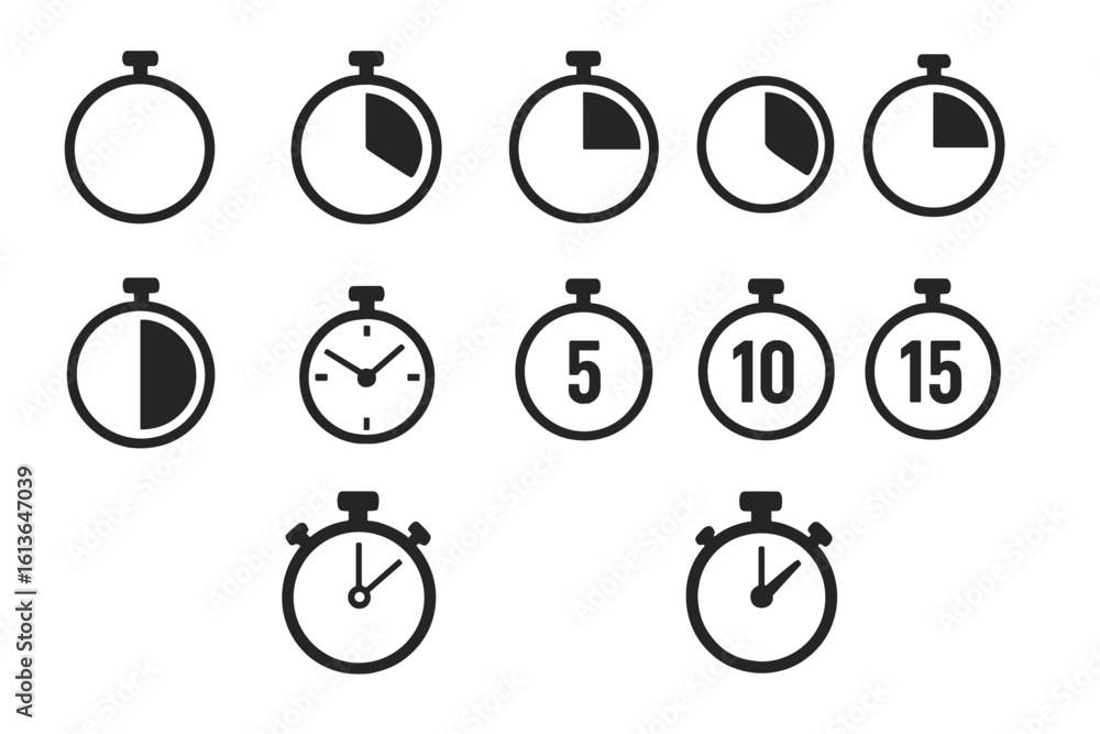 Poster timer and stopwatch icon set. vector chronometer and clock symbols for time management. countdown, i