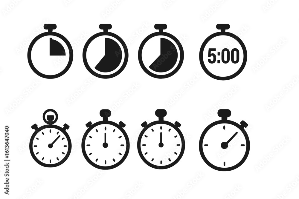 Poster timer and stopwatch vector icons set. countdown clock symbol for ui ux design. time management, dead