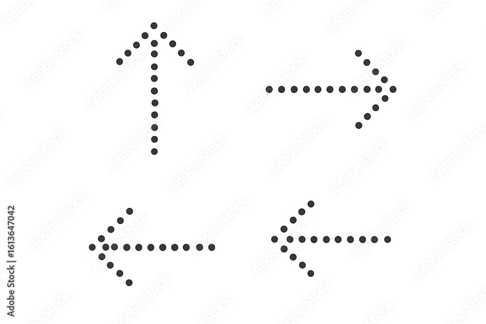 Poster set of dotted line arrows. vector direction pointer icons. up, down, left, and right arrow symbol co