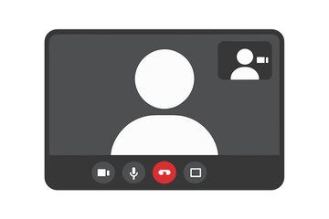 Video call screen template for online meeting. Vector conference interface mockup. Communication app display for remote work, webinar or chat. User profile avatar icons.