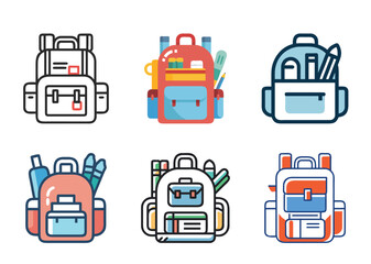 Various colorful backpacks filled with school supplies arranged against a white background