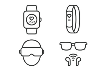 Wearable technology outline icon set. Collection of linear vector symbols for modern gadgets: smartwatch, fitness tracker, VR headset, smart glasses, wireless earbuds.