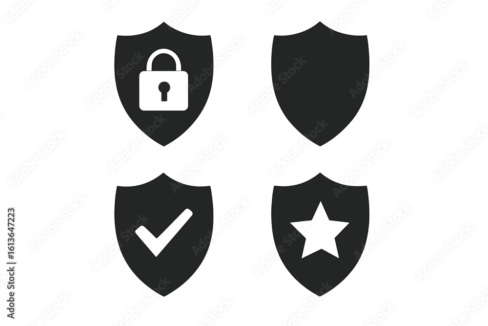 Poster security shield icon set. vector collection of protection and safety symbols. black guard shields wi