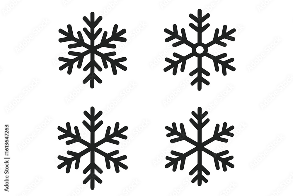 Poster set of 4 snowflake icons. black snowflakes for winter design. different snowflake templates in flat 
