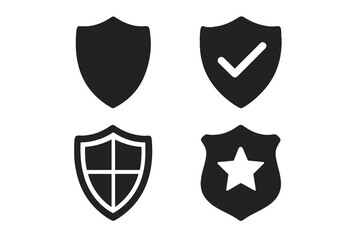 Set of security shield icons. Black glyph symbols for safety and protection. Includes checkmark for verified guarantee, and a police badge with star for authority. Vector.