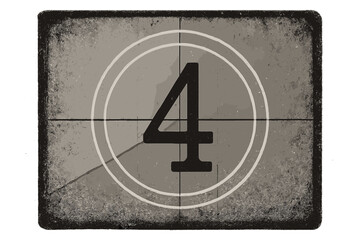 Vintage film countdown leader on screen. Retro movie intro with timer number four. Old cinema starting frame with grunge texture. Silent film look background. Vector illustration.