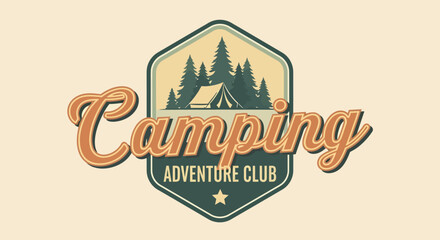 Retro Camping Adventure Club Logo with Tent and Evergreen Trees Illustration.