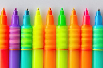 Colorful highlighter pens arranged in rainbow gradient on white background