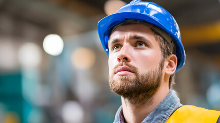 An industrial engineer in a safety helmet, portrayed in a factory setting with a soft background.