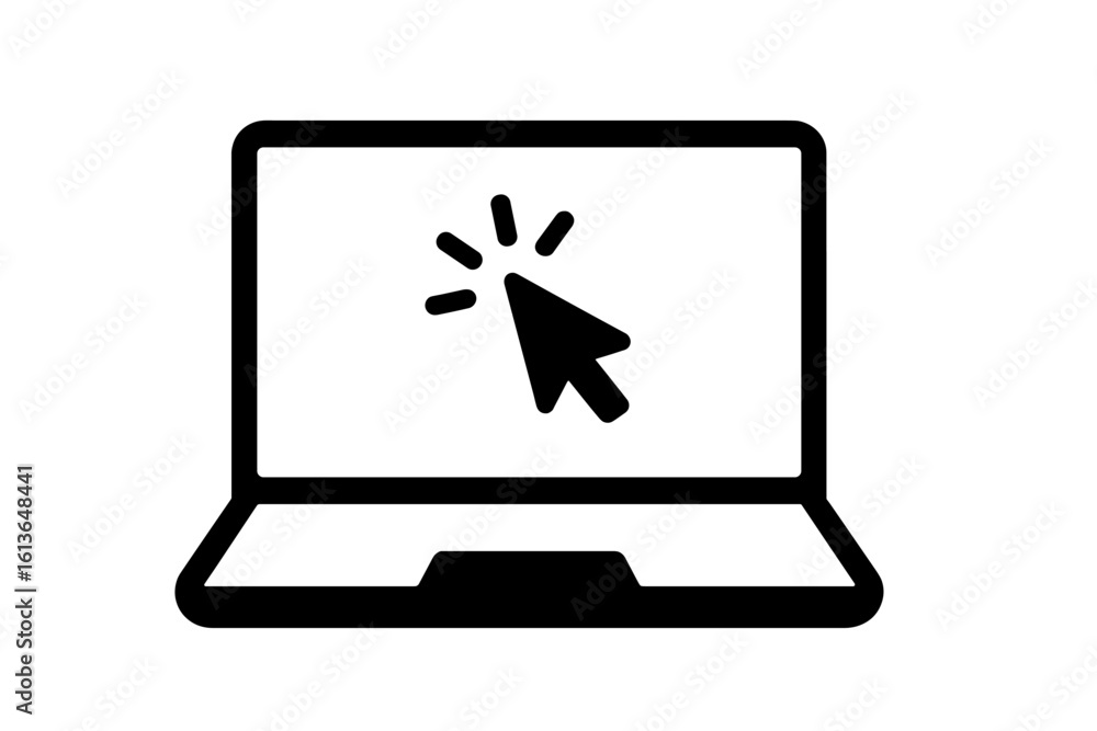 Poster laptop computer vector icon. clicking mouse cursor pointer on display screen. concept for website li