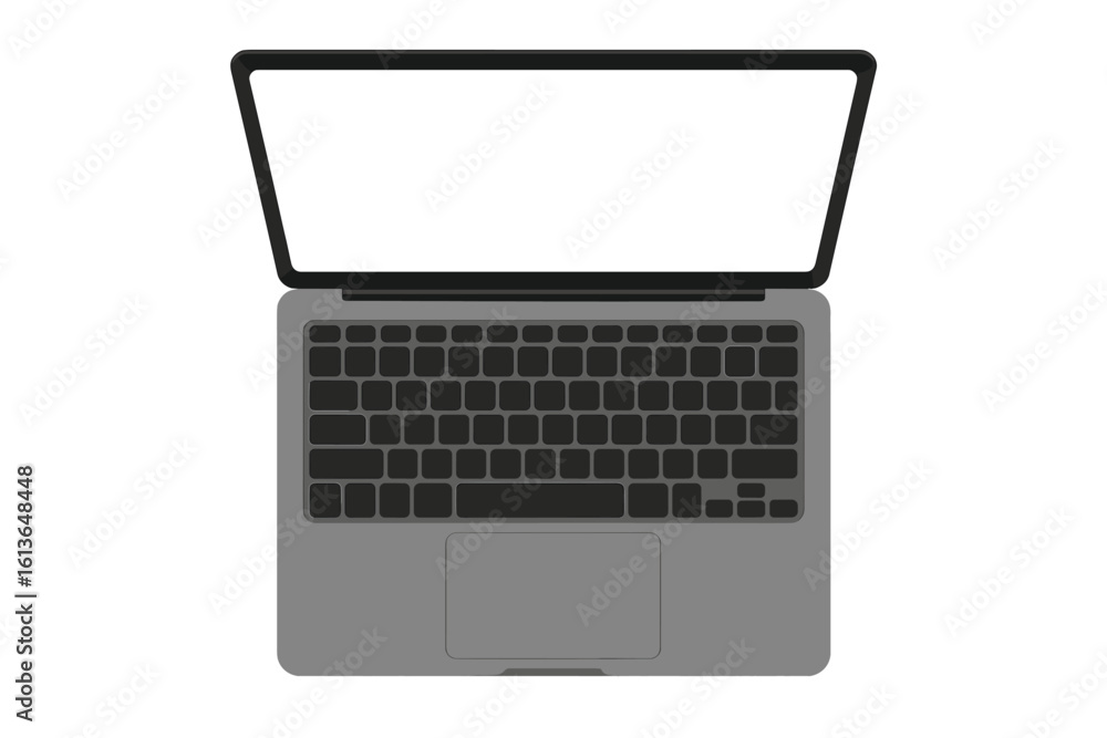 Poster laptop top view vector with empty screen. computer notebook mockup for business, remote work from ho