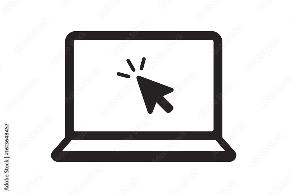 Poster laptop computer icon with clicking mouse cursor on screen. vector for online services, web design, e
