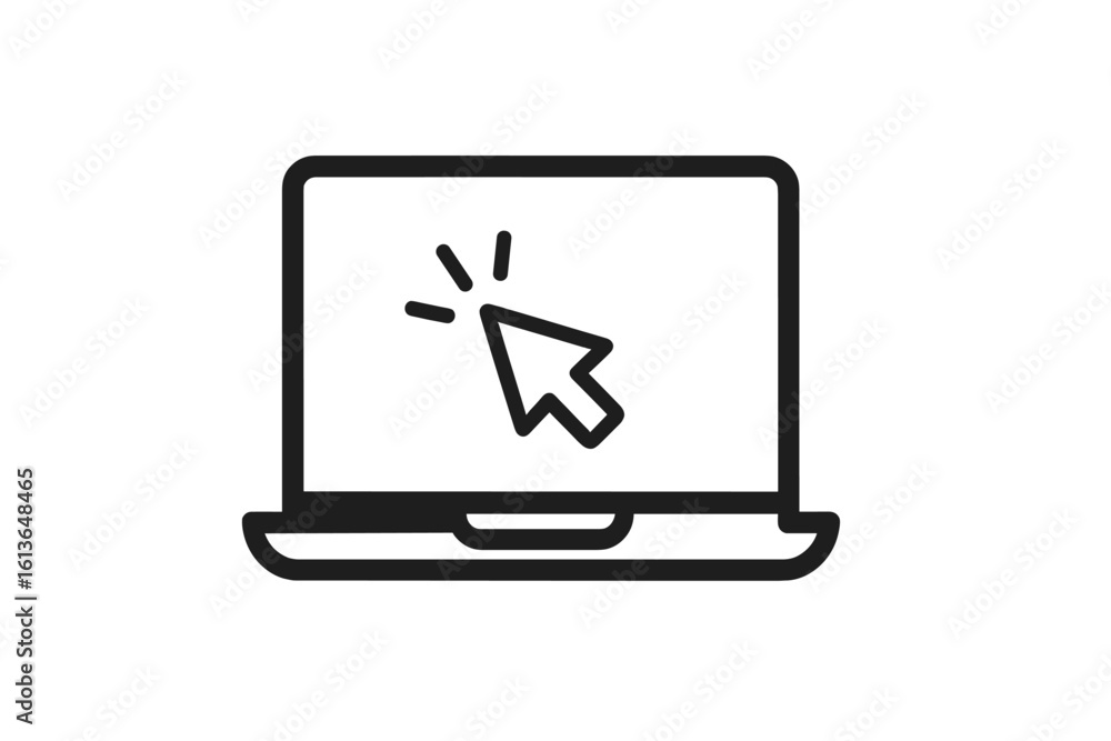 Poster laptop computer icon with mouse cursor clicking on the screen. pointer arrow click concept for web d
